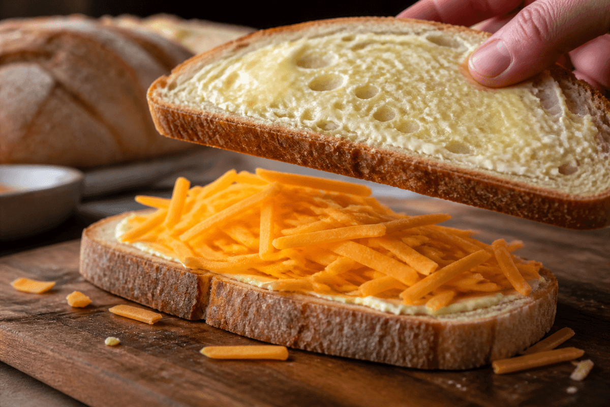 Buttered grilled cheese sandwiches stacked with cheddar
