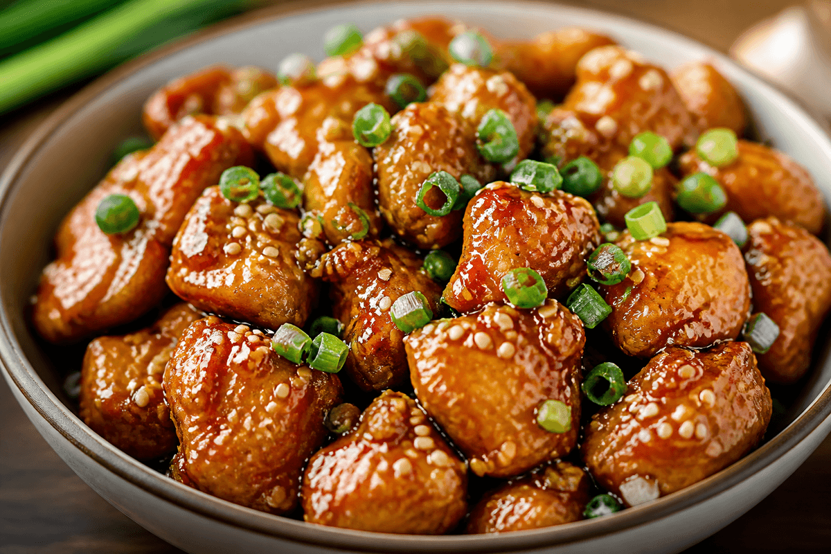 Honey garlic chicken bites tossed in glossy sauce