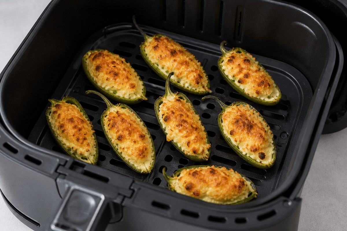 Golden jalapeño poppers cooking in the air fryer basket