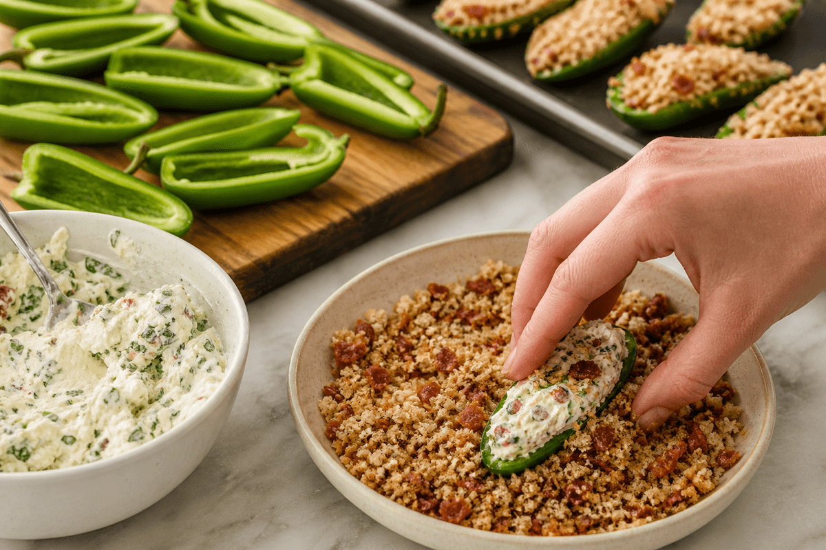 Jalapeño halves filled with cream cheese and pressed into bacon panko