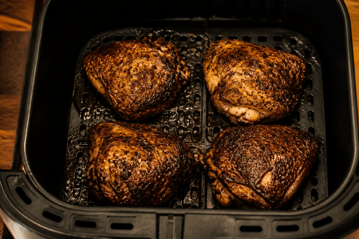 Jerk chicken thighs in the air fryer basket