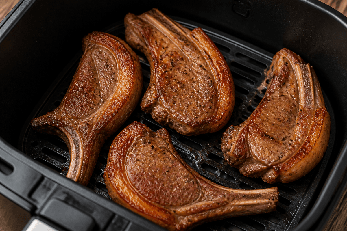 Golden lamb cutlets cooking in the air fryer basket