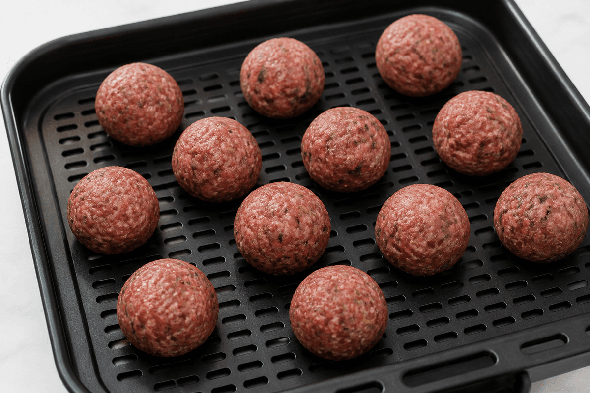 Raw meatballs shaped and ready to cook
