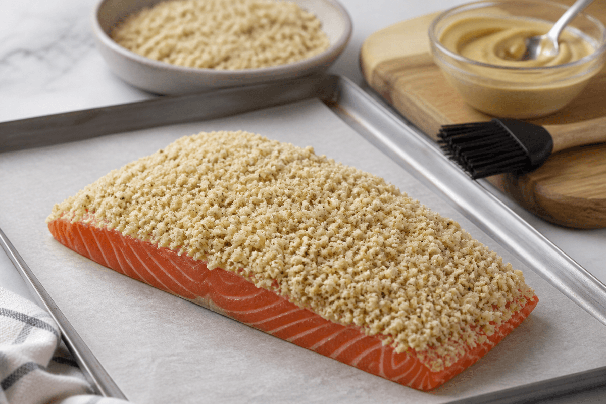 Salmon fillet topped with Dijon and panko crust before cooking