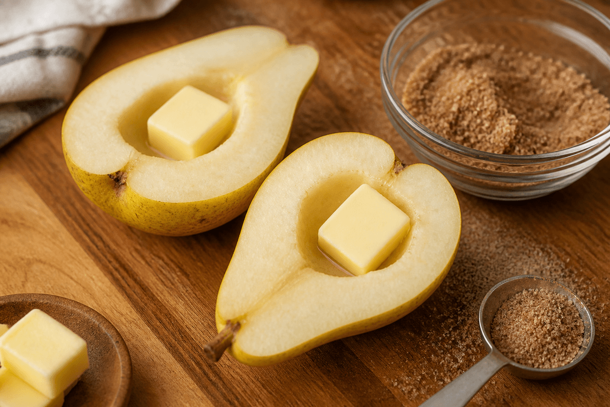 Halved cored pear with butter and cinnamon sugar ready to cook