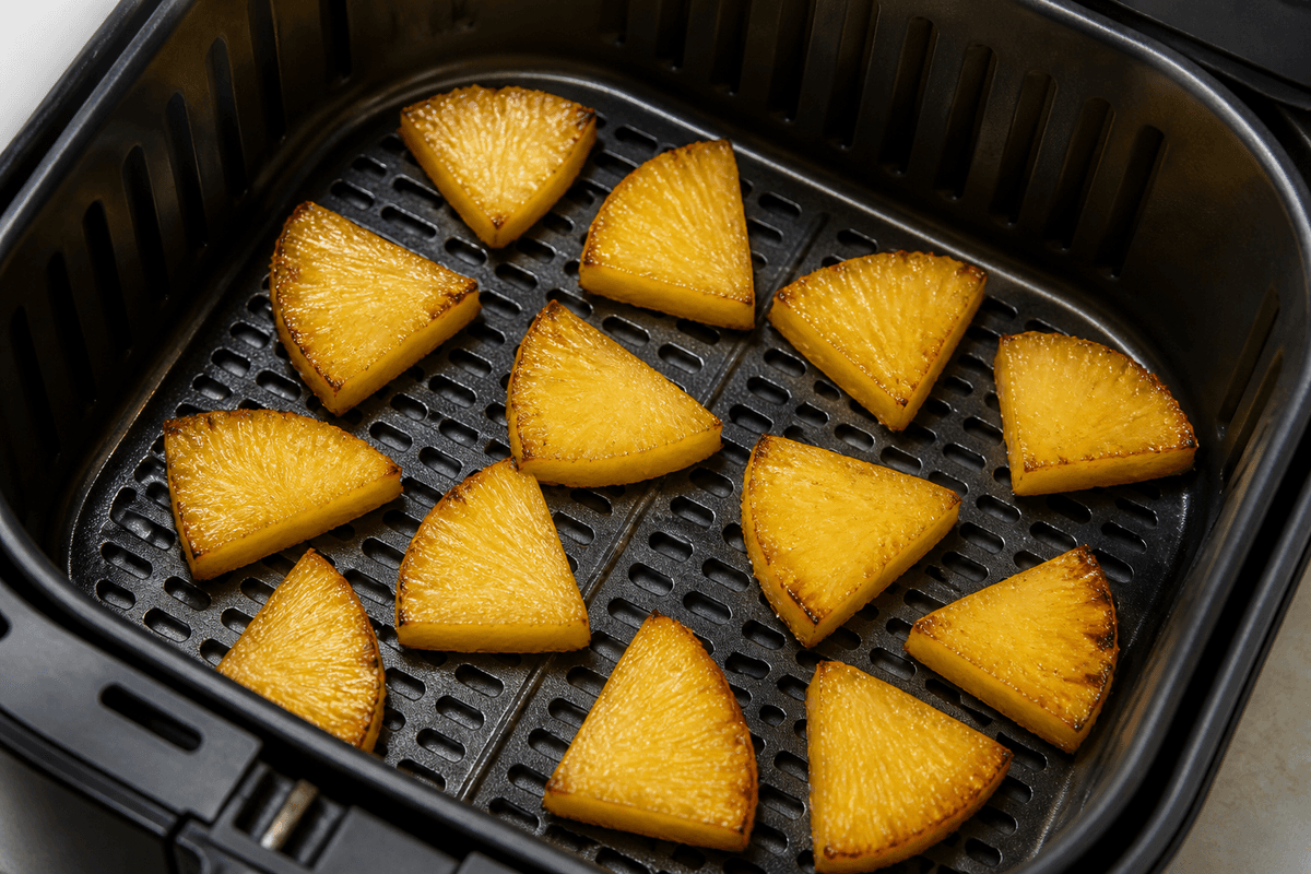 Caramelized cinnamon pineapple in the air fryer basket