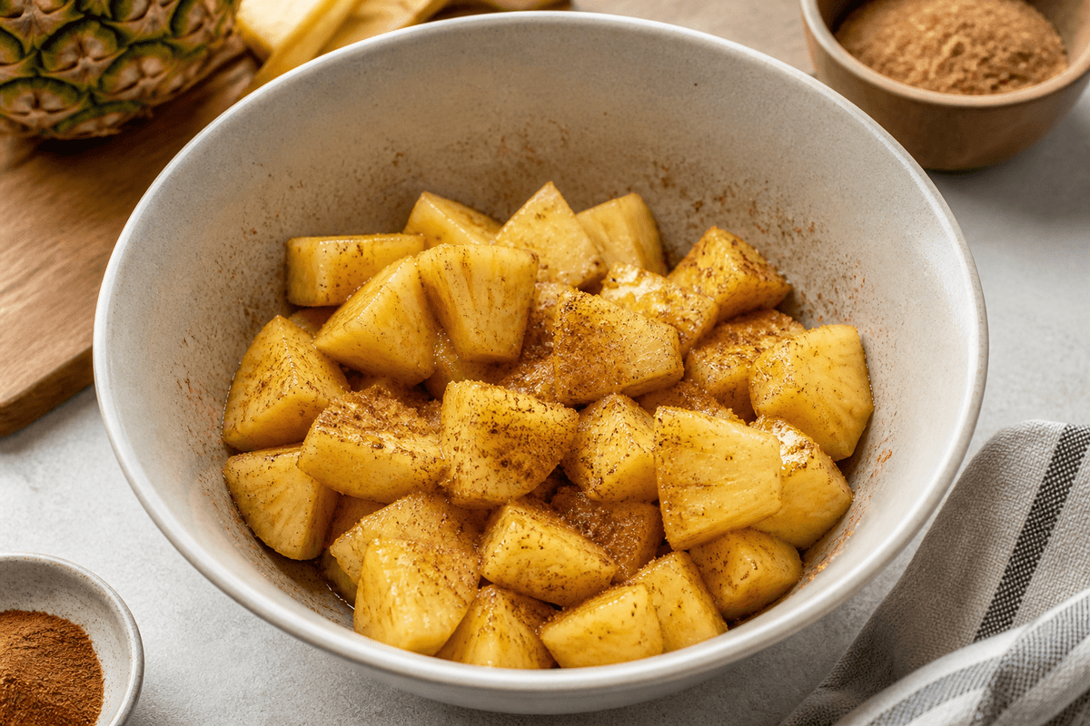 Pineapple rings tossed with butter, brown sugar and cinnamon
