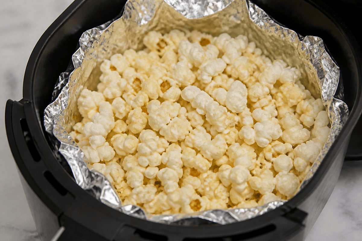 Popped popcorn in foil-lined air fryer basket