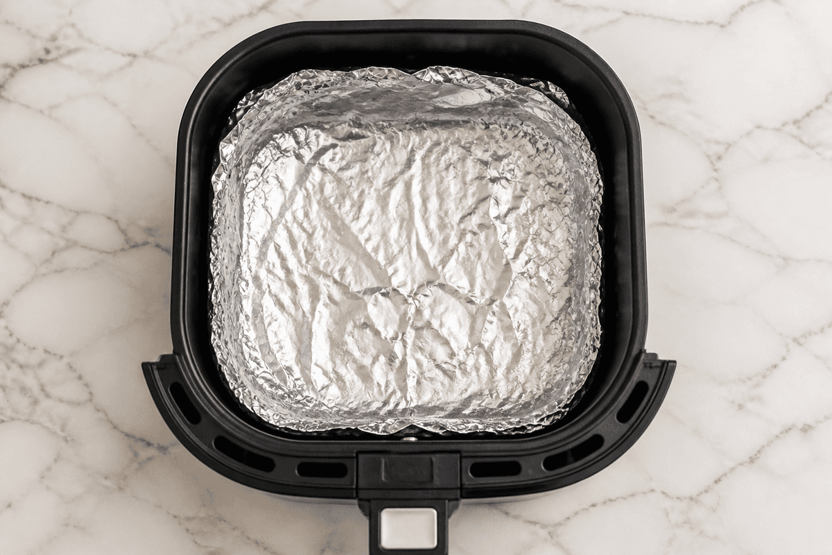 Air fryer basket lined with foil for popcorn