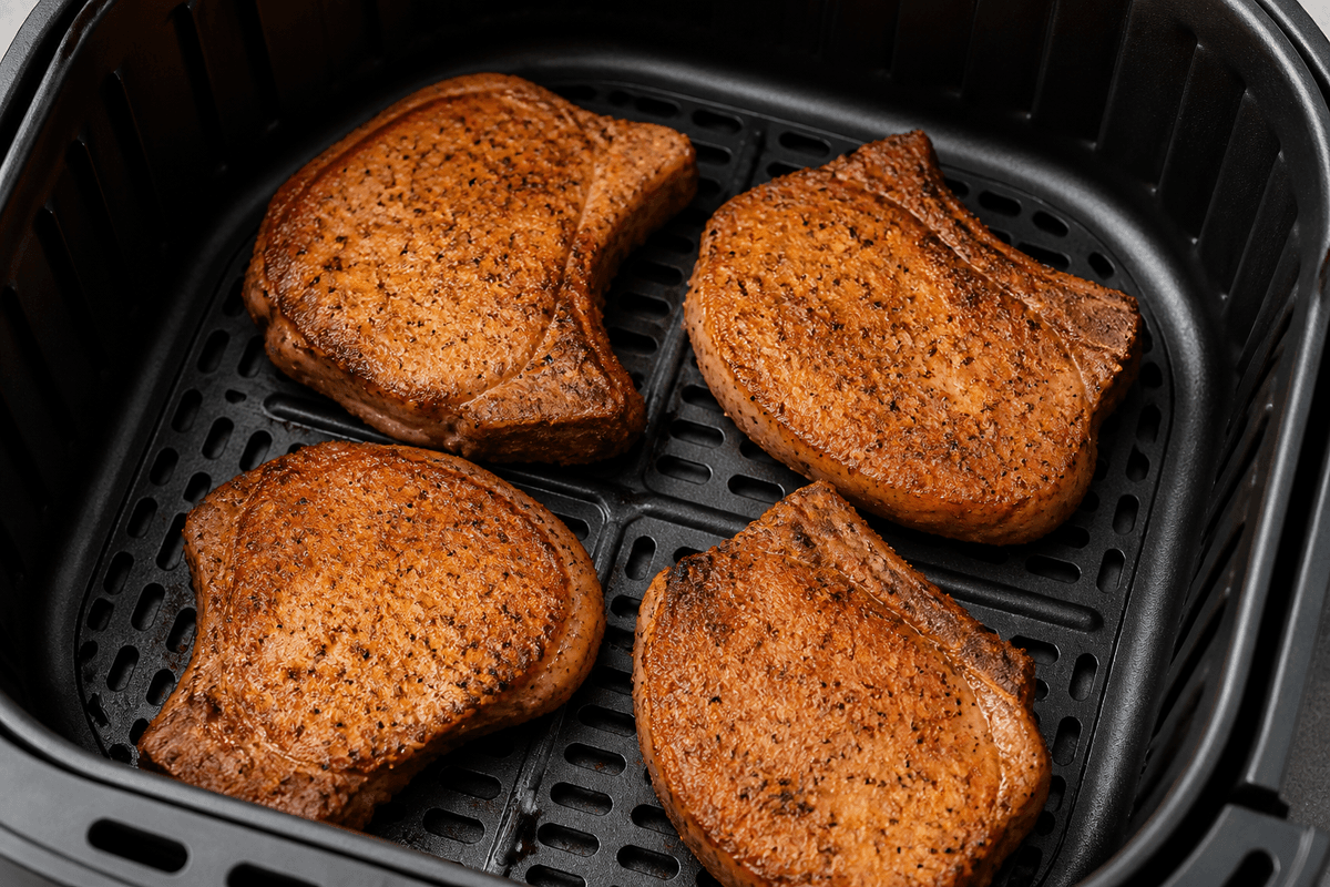 Seasoned pork chops in the air fryer basket