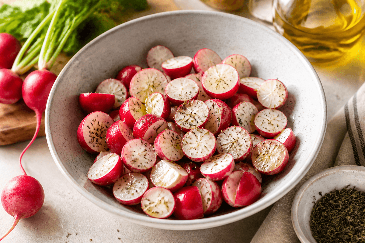 Halved radishes tossed with olive oil and thyme