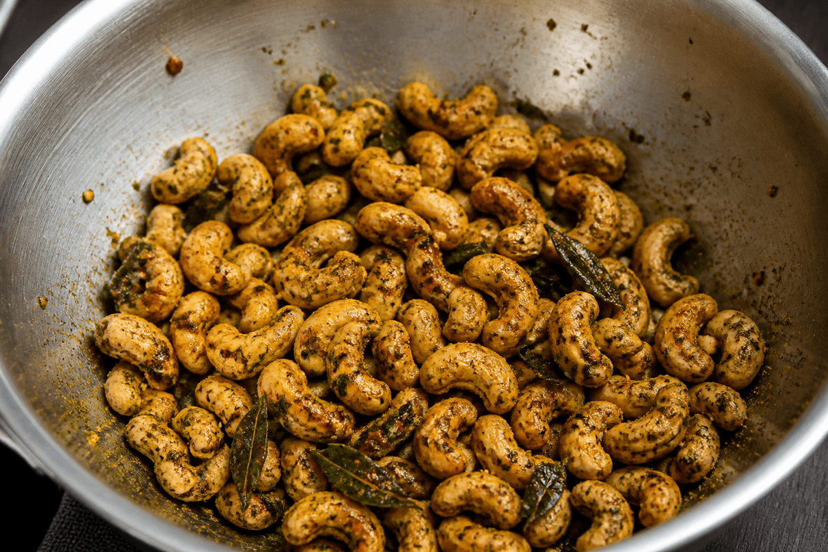Cashews tossed with curry leaf powder and spices
