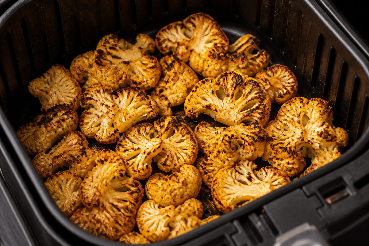 Charred cauliflower florets in the air fryer basket