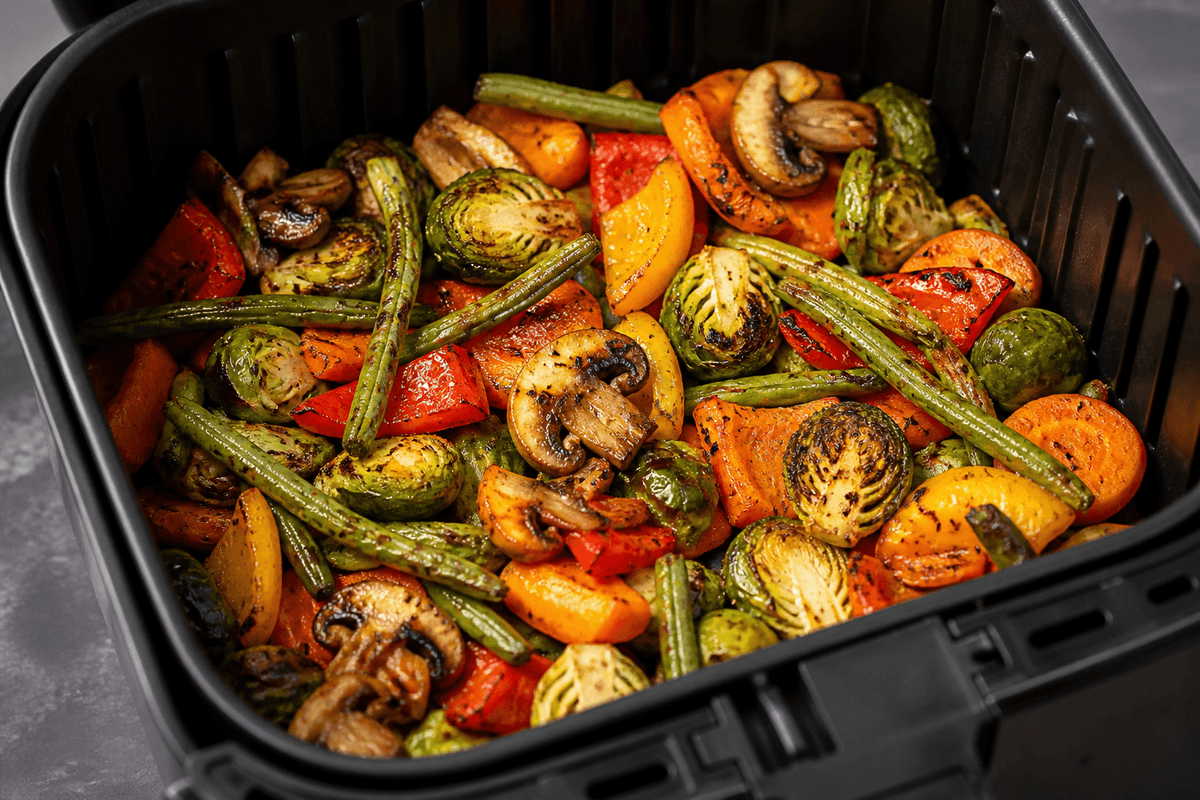 Roasted vegetable mix in the air fryer basket