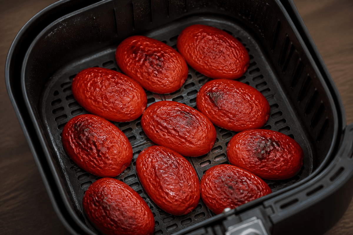 Roasted roma tomatoes in the air fryer basket
