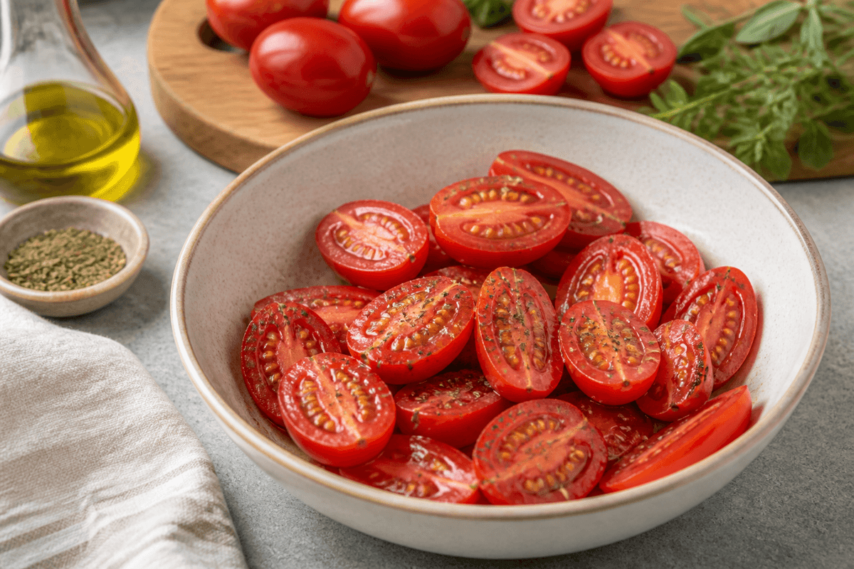 Halved roma tomatoes tossed with olive oil and oregano