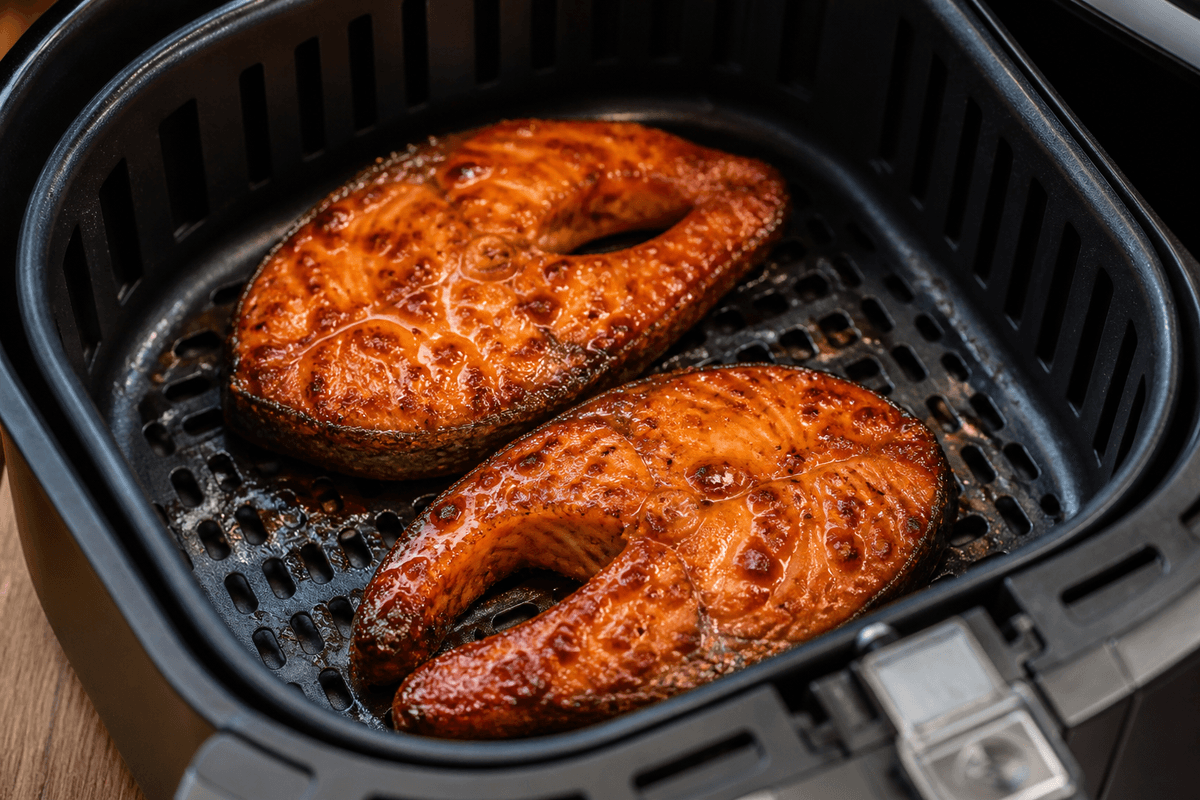 Glazed salmon steaks cooking in the air fryer basket