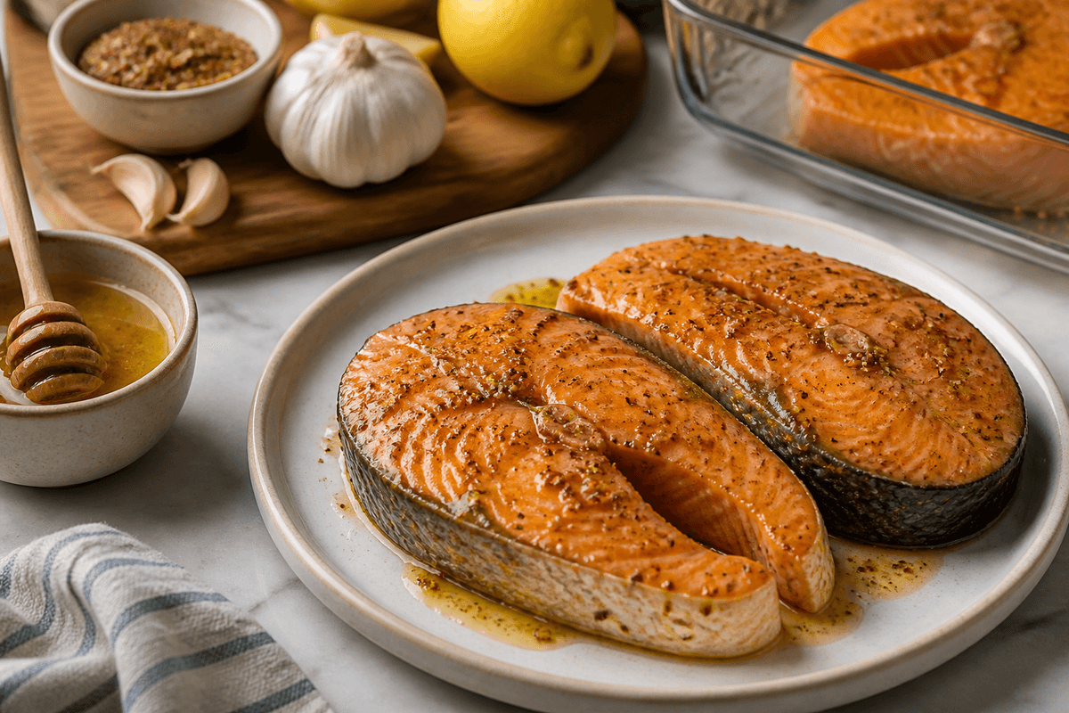 Salmon steaks coated with honey Dijon marinade