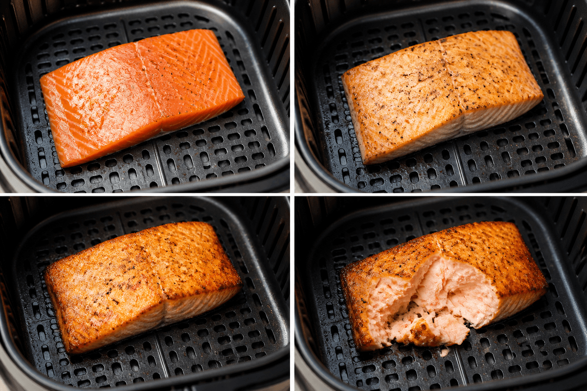 Cooked salmon fillet with crisp edges in the air fryer