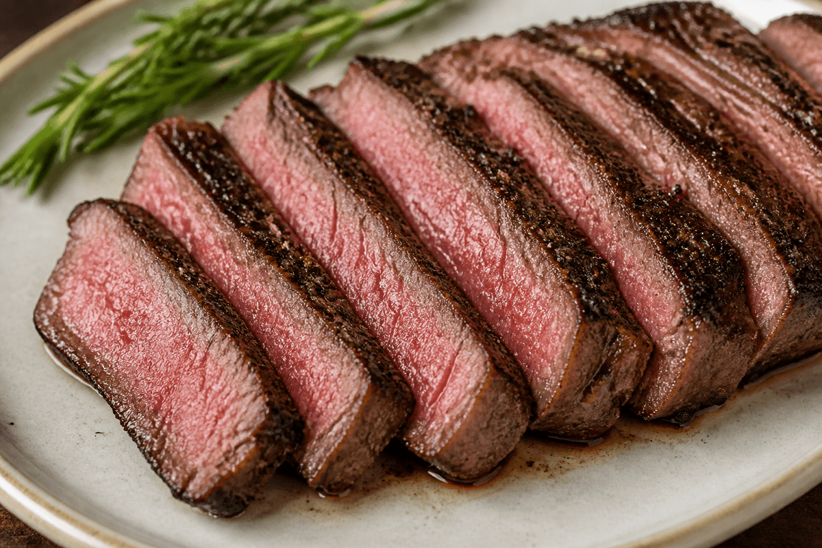 Rested air fryer steak sliced to show a pink center
