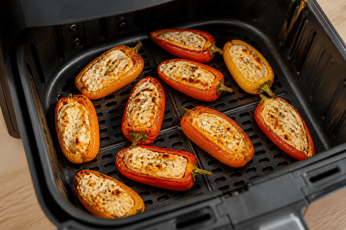 Feta stuffed mini peppers cooking in the air fryer basket