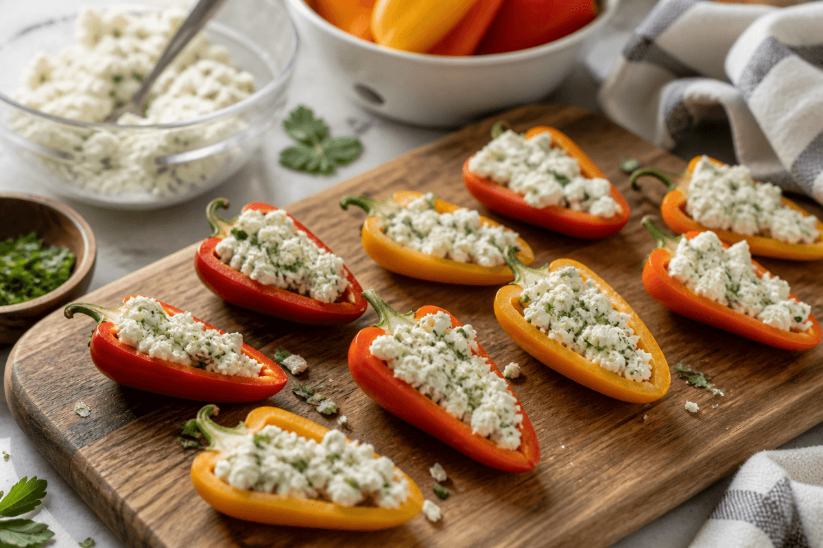 Mini peppers halved and stuffed with feta mixture