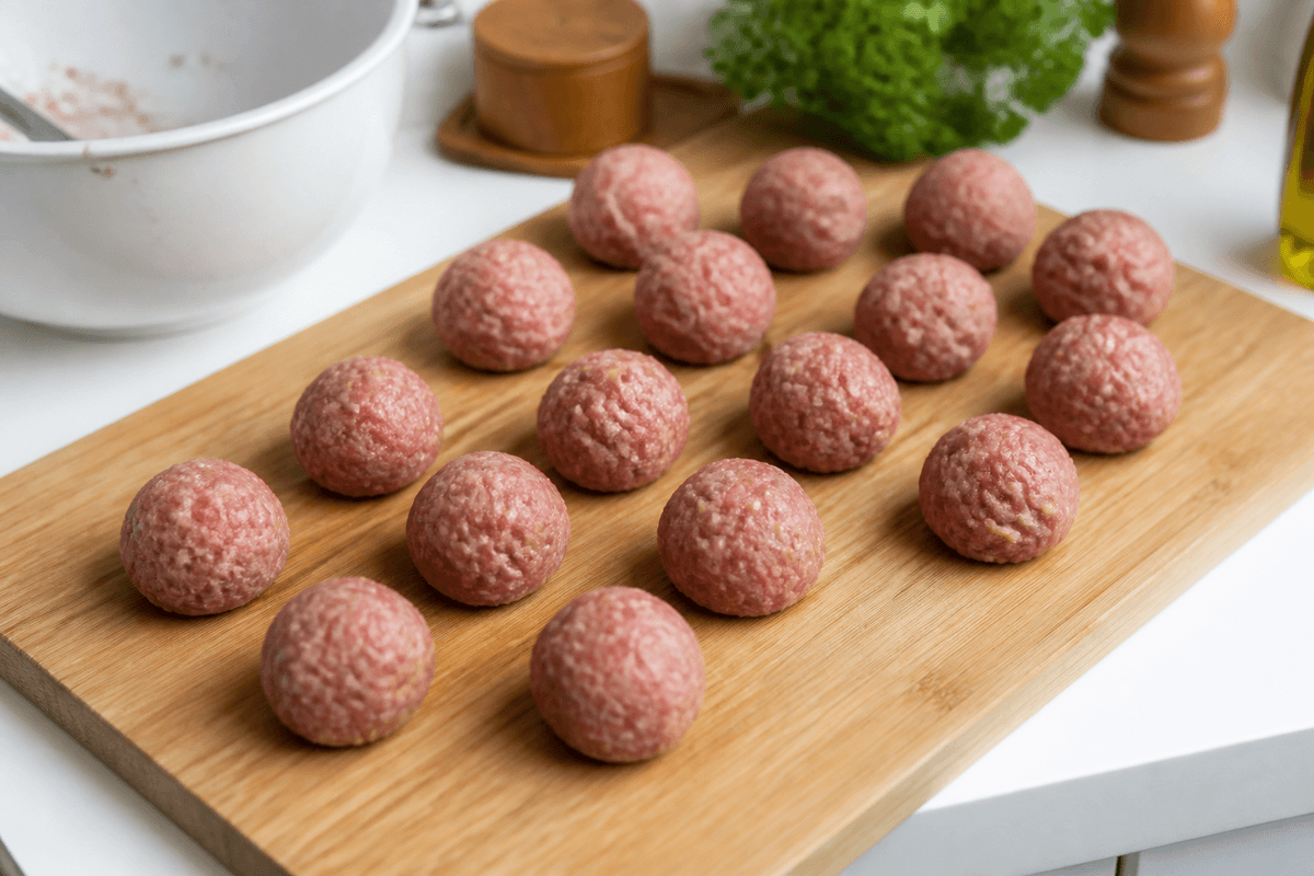 Raw Swedish meatballs rolled on a board