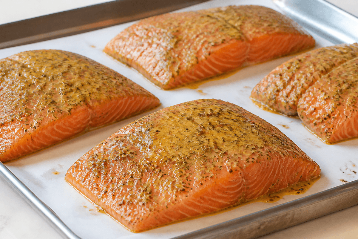 Salmon fillets topped with mustard-dill glaze