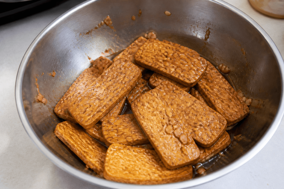 Tempeh slices in marinade