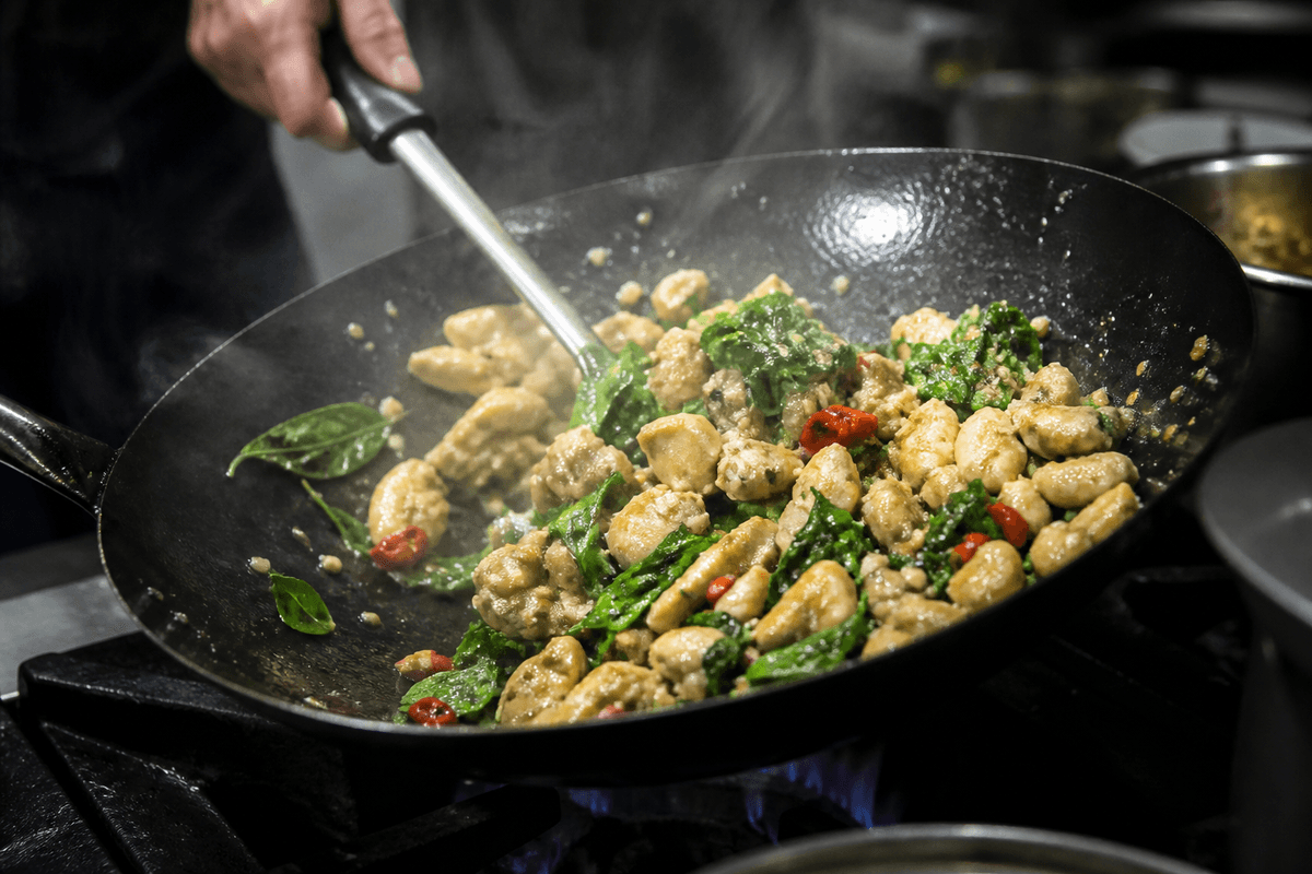 Thai basil chicken tossed in a skillet with basil
